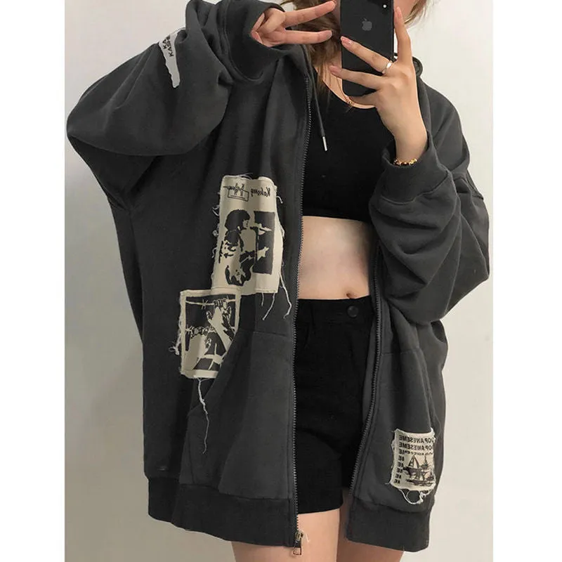 Fashionkova  Emo Women Alt Punk Hoodie Zip Up Grunge Aesthetic Jacket Vintage  Streetshirt Harajuku Sweatshirts Graffiti Y2K Zipper Clothes