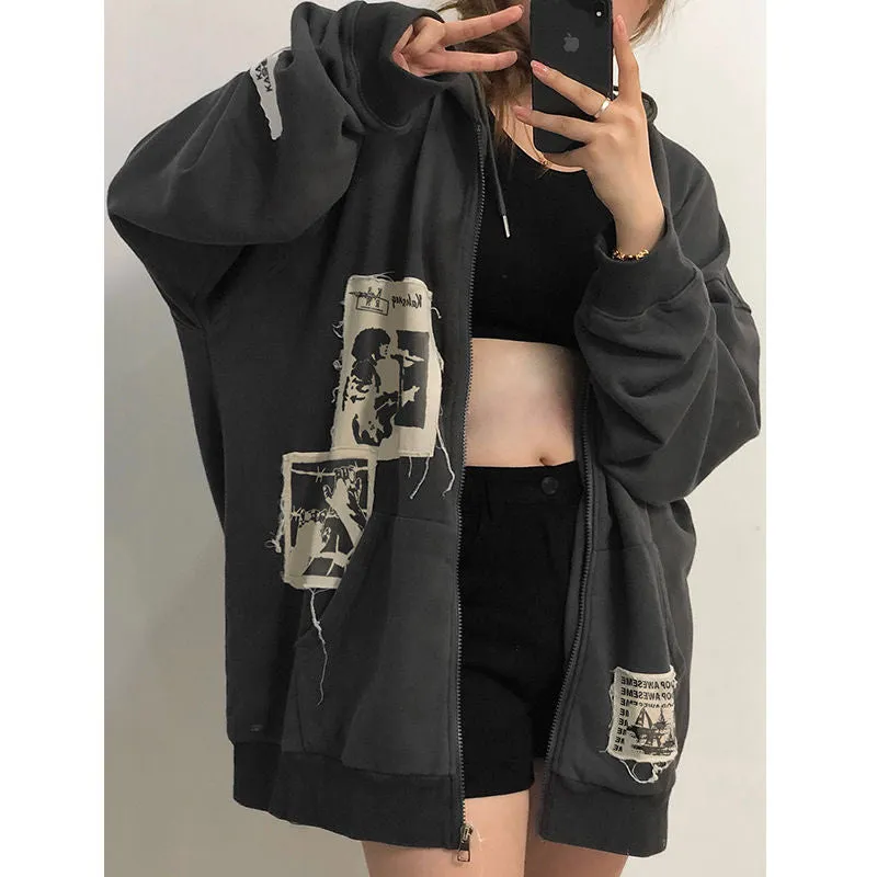 Fashionkova  Emo Women Alt Punk Hoodie Zip Up Grunge Aesthetic Jacket Vintage  Streetshirt Harajuku Sweatshirts Graffiti Y2K Zipper Clothes