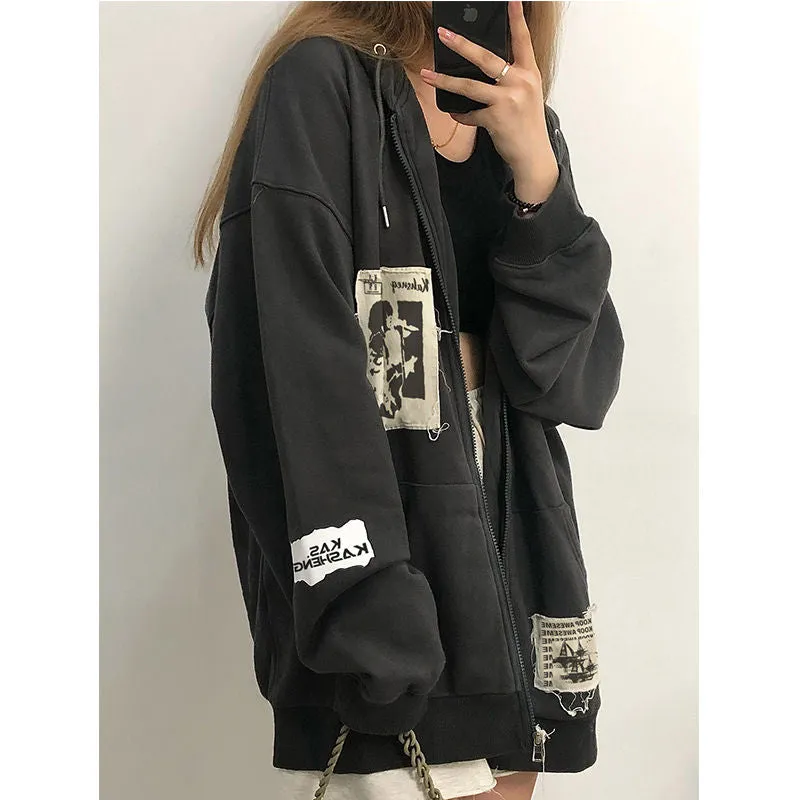 Fashionkova  Emo Women Alt Punk Hoodie Zip Up Grunge Aesthetic Jacket Vintage  Streetshirt Harajuku Sweatshirts Graffiti Y2K Zipper Clothes