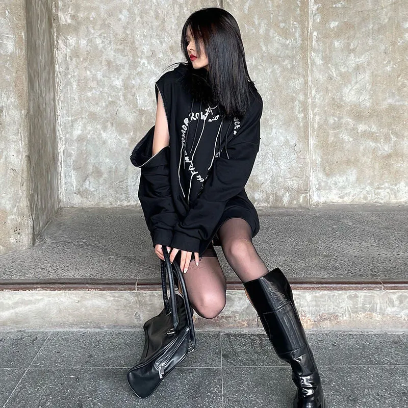 Fashionkova  Gothic Punk Streetwear Heart Letter Print Oversized Hooded Sweatshirt Women Grunge Zipper Hoodie Female Long Sleeve Top