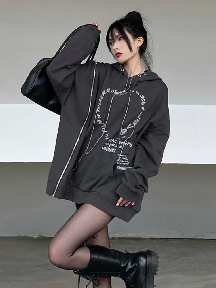 Fashionkova  Gothic Punk Streetwear Heart Letter Print Oversized Hooded Sweatshirt Women Grunge Zipper Hoodie Female Long Sleeve Top