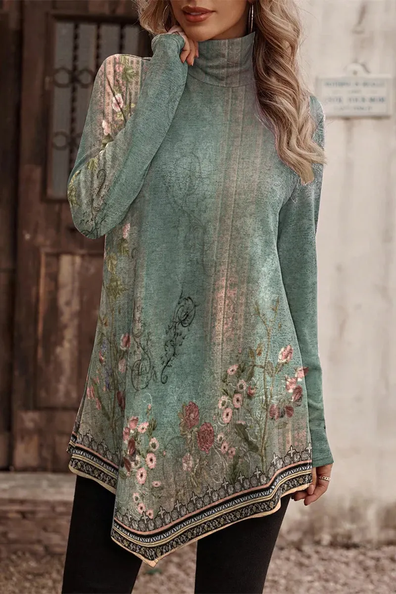 Fashionkova - Green Casual College Floral Asymmetrical Turtleneck Tops