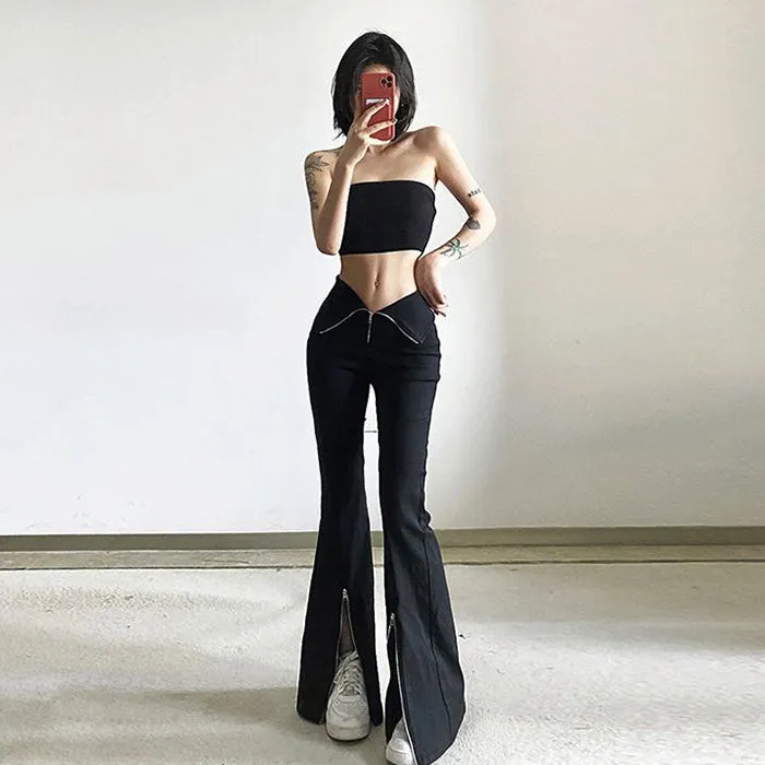 Fashionkova Grunge Zip Up Flared Pants