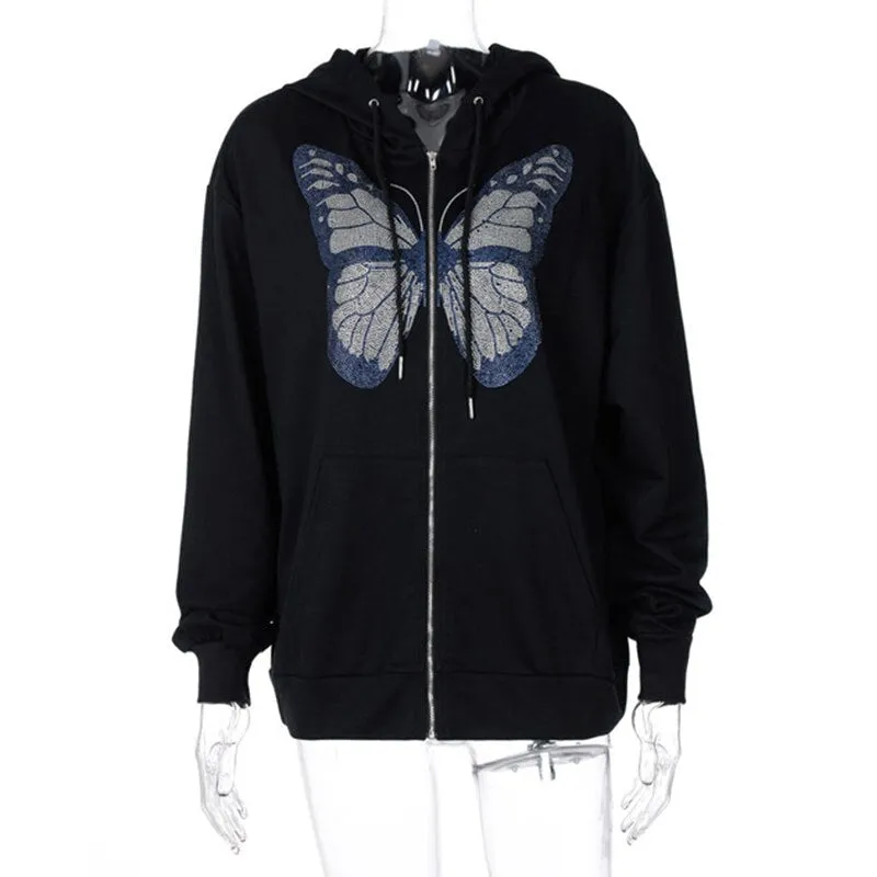 Fashionkova  Rhinestone Butterfly Autumn Gray Zip Up Oversized Hoodie Anime 90S Aesthetic Grunge Streetwear Women Cyber Y2k Sweatshirts 2024