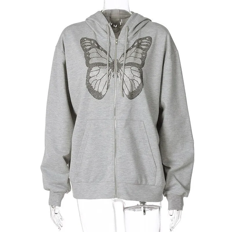 Fashionkova  Rhinestone Butterfly Autumn Gray Zip Up Oversized Hoodie Anime 90S Aesthetic Grunge Streetwear Women Cyber Y2k Sweatshirts 2024