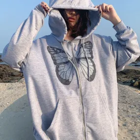 Fashionkova  Rhinestone Butterfly Autumn Gray Zip Up Oversized Hoodie Anime 90S Aesthetic Grunge Streetwear Women Cyber Y2k Sweatshirts 2024