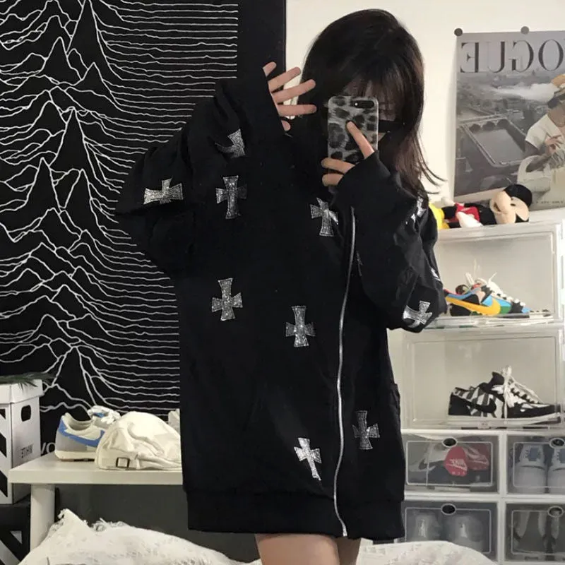 Fashionkova  Rhinestone Butterfly Autumn Gray Zip Up Oversized Hoodie Anime 90S Aesthetic Grunge Streetwear Women Cyber Y2k Sweatshirts 2024