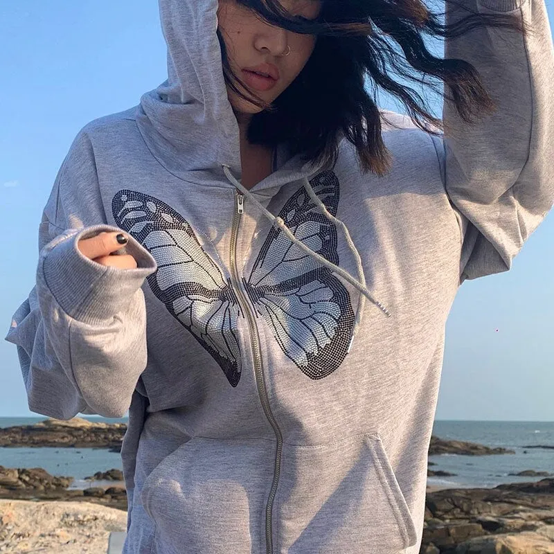 Fashionkova  Rhinestone Butterfly Autumn Gray Zip Up Oversized Hoodie Anime 90S Aesthetic Grunge Streetwear Women Cyber Y2k Sweatshirts 2024