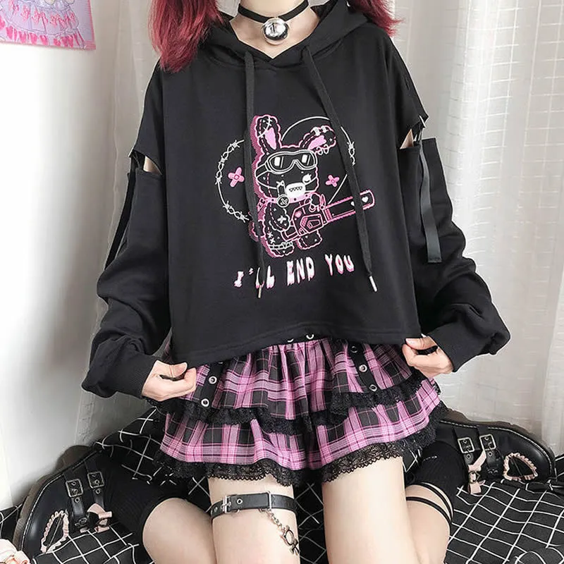 Fashionkova  Women Harajuku Kpop Gothic Punk Alt Kawaii Sweatshirt Hoodie Bunny Print Hoody Aesthetic Tee Black Grunge Emo Clothes