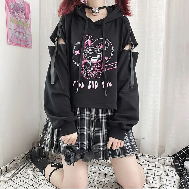 Fashionkova  Women Harajuku Kpop Gothic Punk Alt Kawaii Sweatshirt Hoodie Bunny Print Hoody Aesthetic Tee Black Grunge Emo Clothes