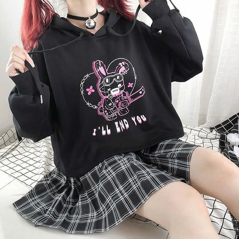 Fashionkova  Women Harajuku Kpop Gothic Punk Alt Kawaii Sweatshirt Hoodie Bunny Print Hoody Aesthetic Tee Black Grunge Emo Clothes