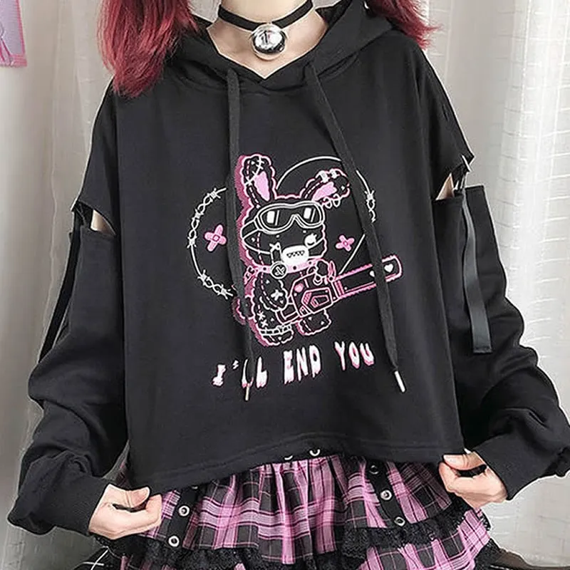 Fashionkova  Women Harajuku Kpop Gothic Punk Alt Kawaii Sweatshirt Hoodie Bunny Print Hoody Aesthetic Tee Black Grunge Emo Clothes