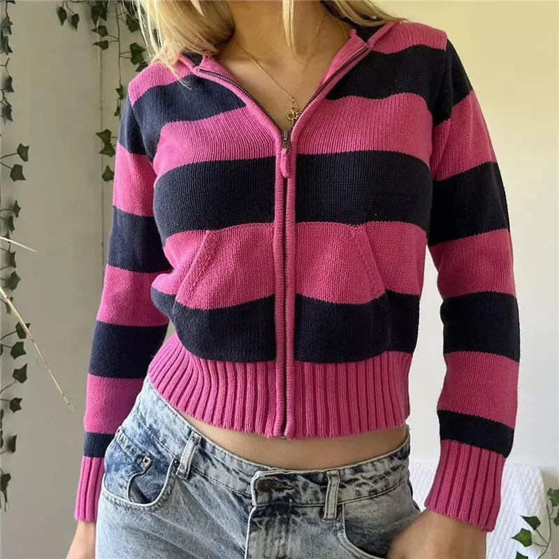 Fashionkova y2k Aesthetic Zip Up Hoodie Women Emo Striped Long Sleeve Knitted Crop Tops with Pockets Grunge Sweatshirt Streetwear