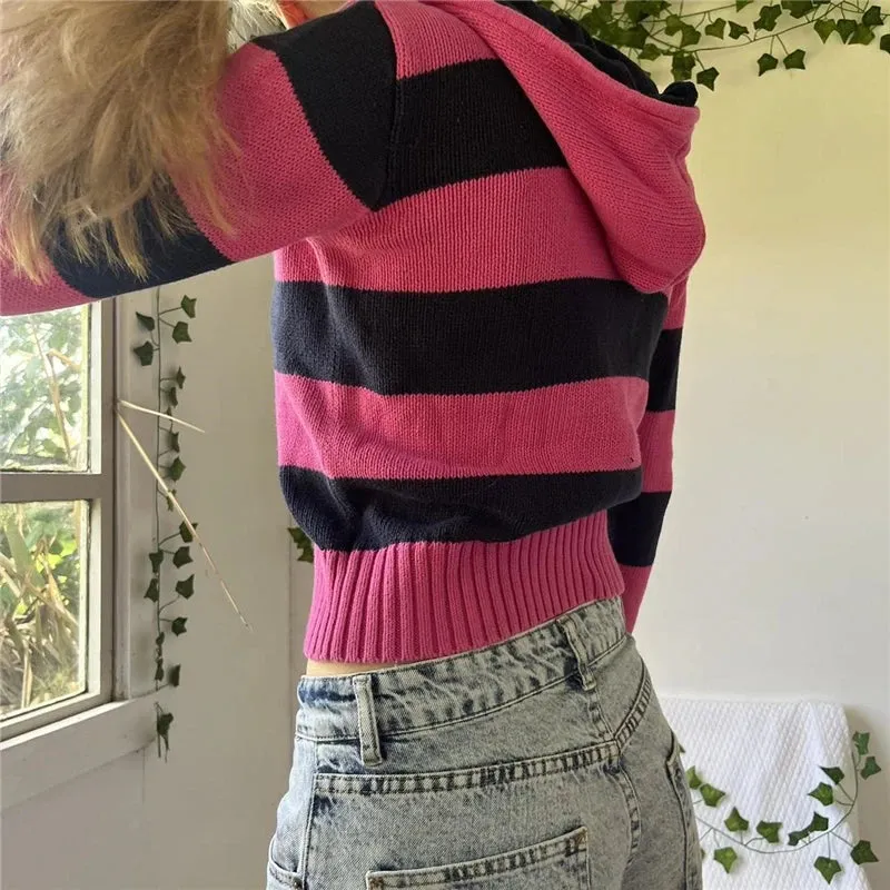 Fashionkova y2k Aesthetic Zip Up Hoodie Women Emo Striped Long Sleeve Knitted Crop Tops with Pockets Grunge Sweatshirt Streetwear