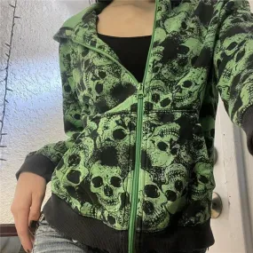 Fashionkova  Y2K Emo Women Streetwear Green Gothic Skull Sweatshirt Hip Hop Graphic Aesthetic Grunge Zip Up Hoodie Tops Jacket Alt Clothes