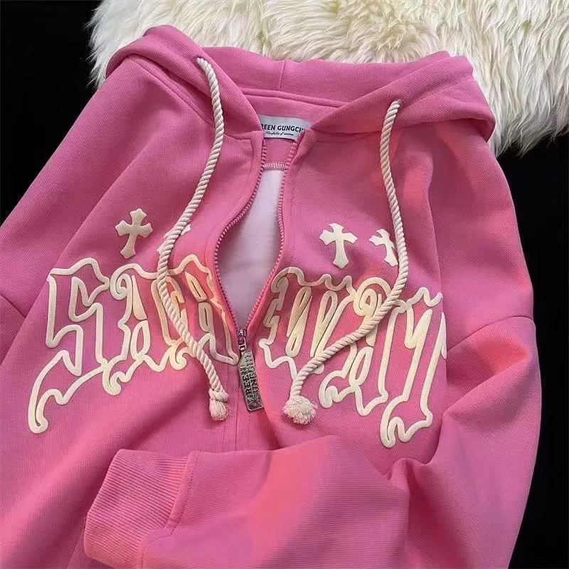 Fashionkova  Y2k Women Vintage Streetwear Harajuku Kawaii Hoodies Jacket Zip Up Oversized Long Sleeve Hoodie Grunge Sweatshirt Tops Clothes