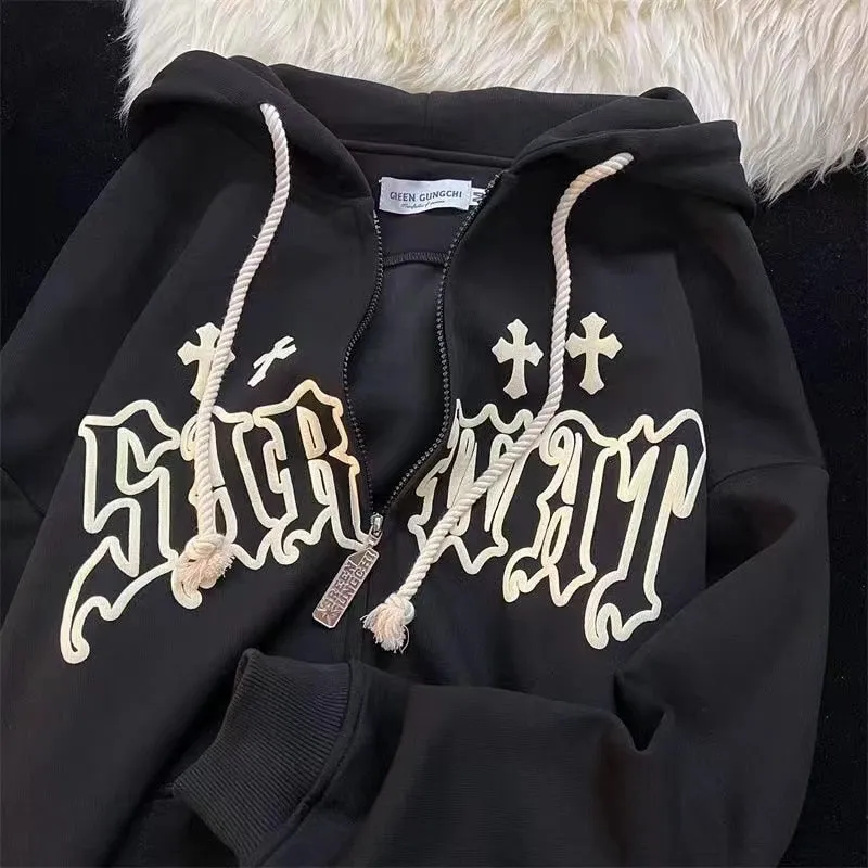 Fashionkova  Y2k Women Vintage Streetwear Harajuku Kawaii Hoodies Jacket Zip Up Oversized Long Sleeve Hoodie Grunge Sweatshirt Tops Clothes