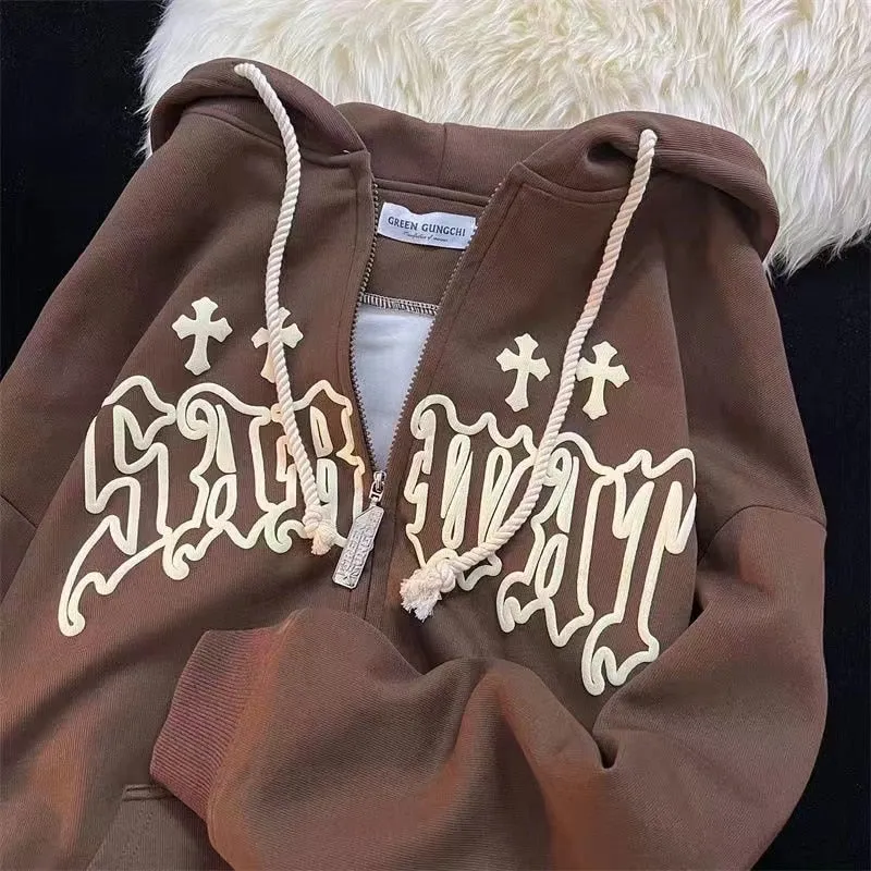 Fashionkova  Y2k Women Vintage Streetwear Harajuku Kawaii Hoodies Jacket Zip Up Oversized Long Sleeve Hoodie Grunge Sweatshirt Tops Clothes