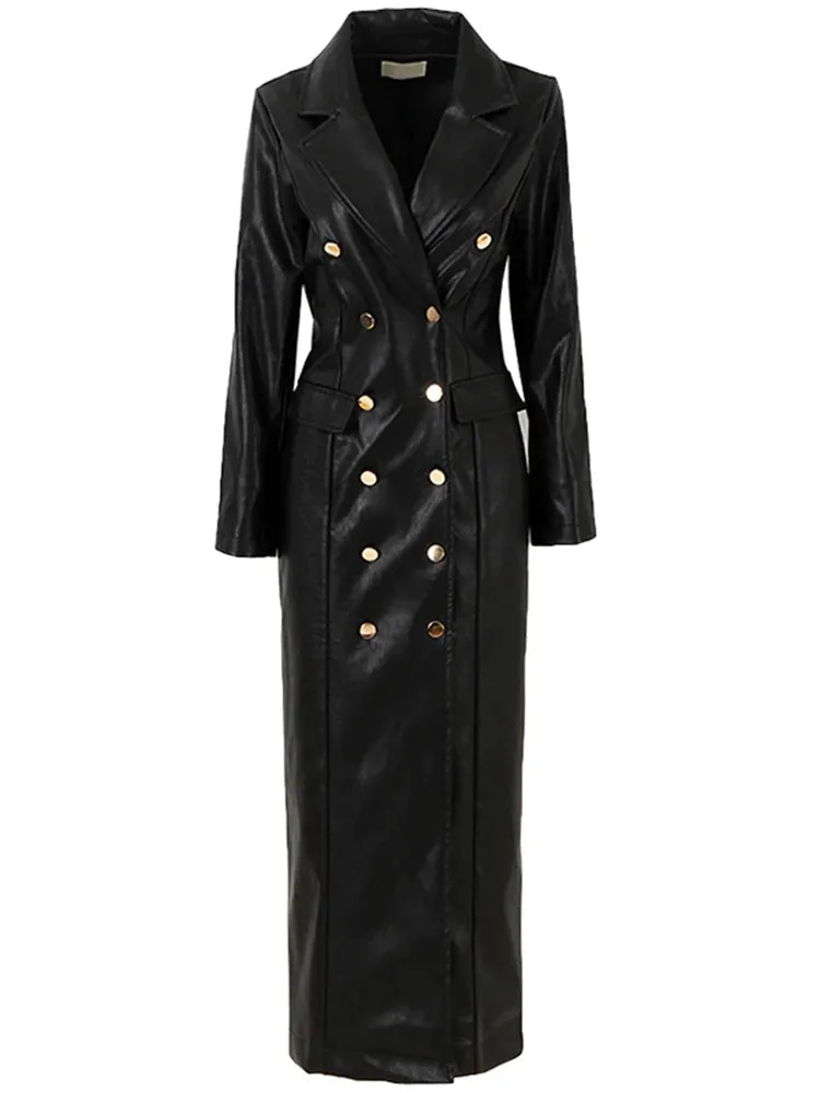 Faux Leather Double-Breasted Longline Coat