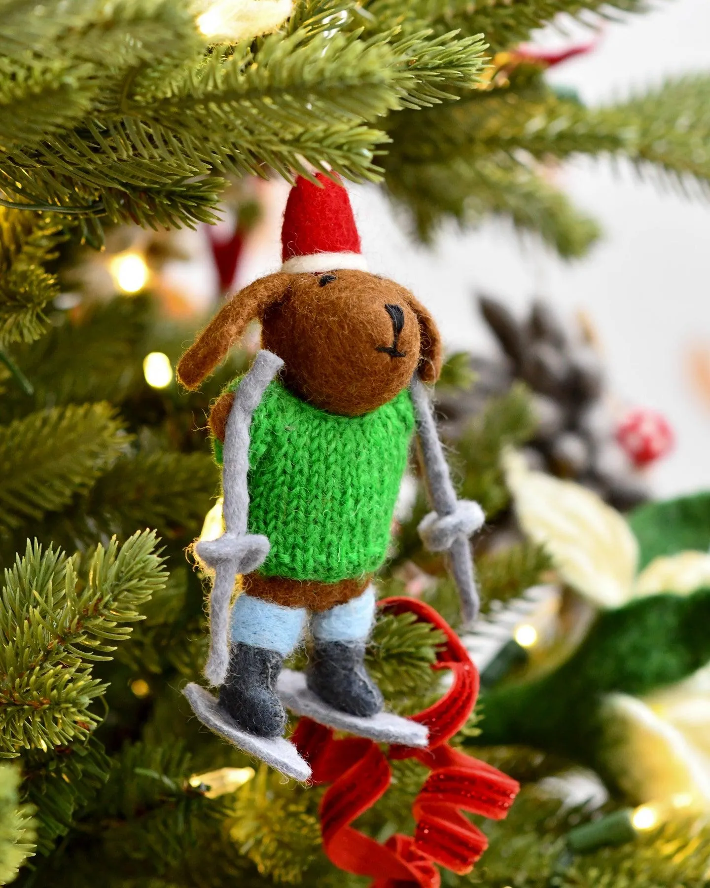 Felt Dog with Knitted Sweater on Skis Ornament