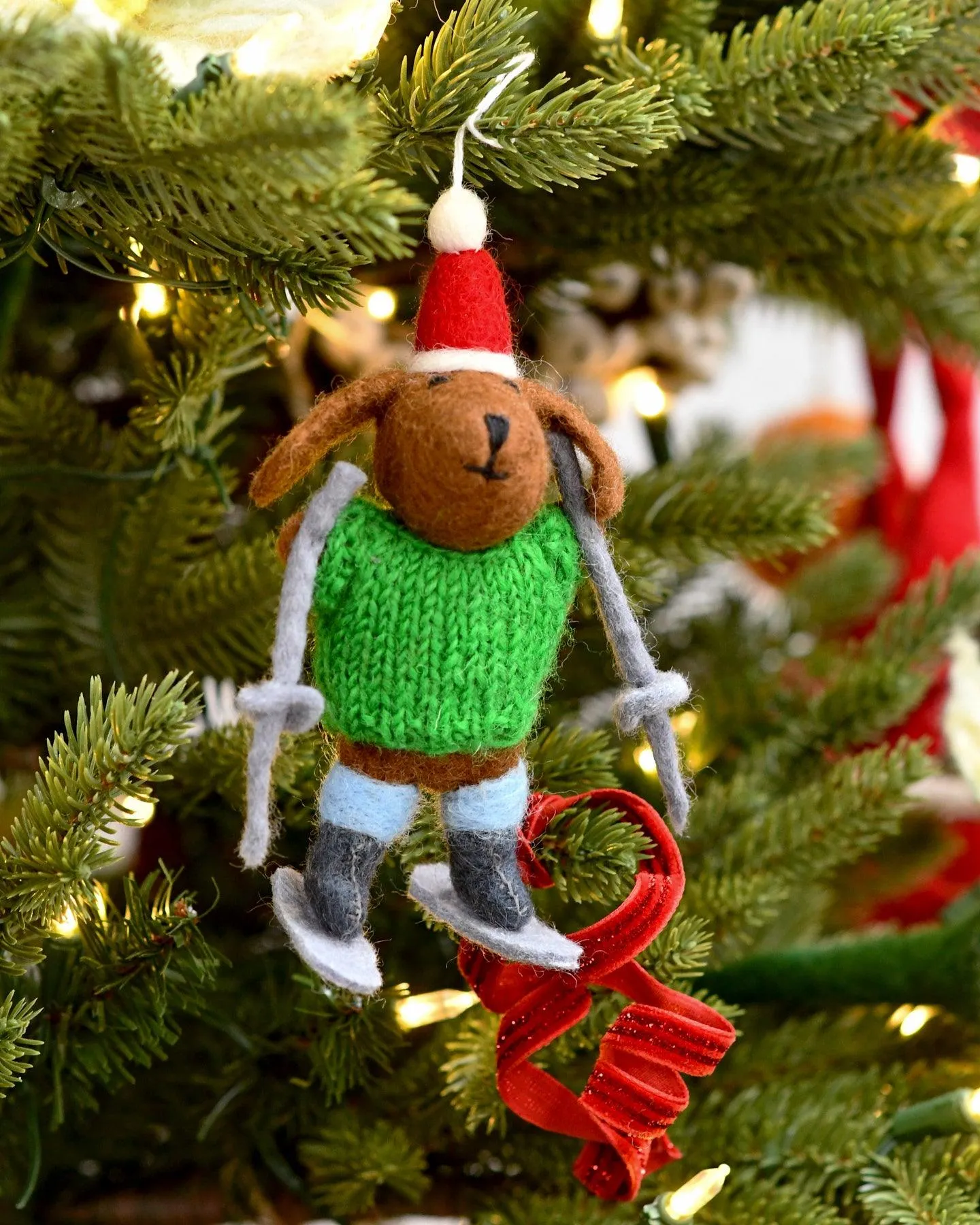 Felt Dog with Knitted Sweater on Skis Ornament