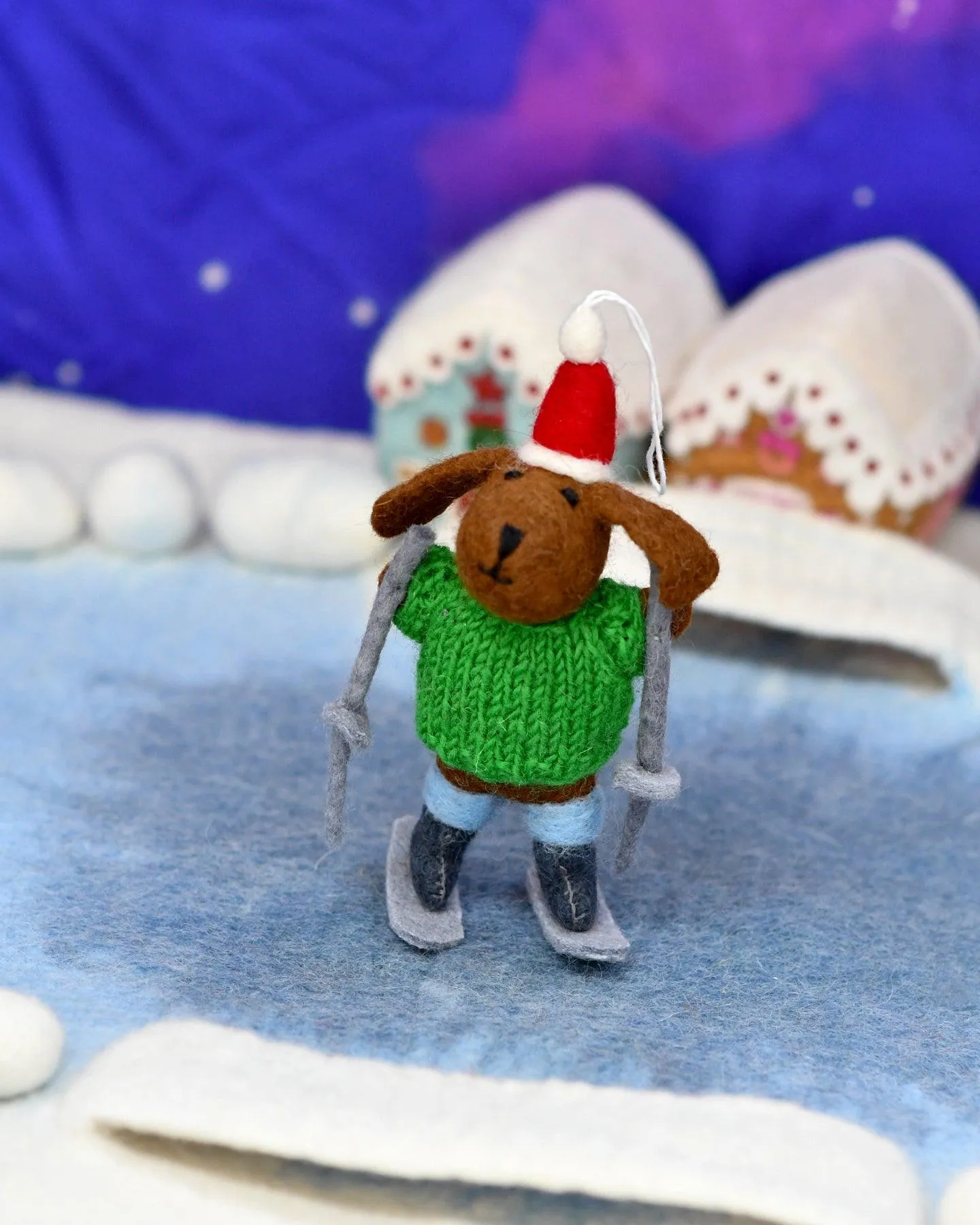 Felt Dog with Knitted Sweater on Skis Ornament