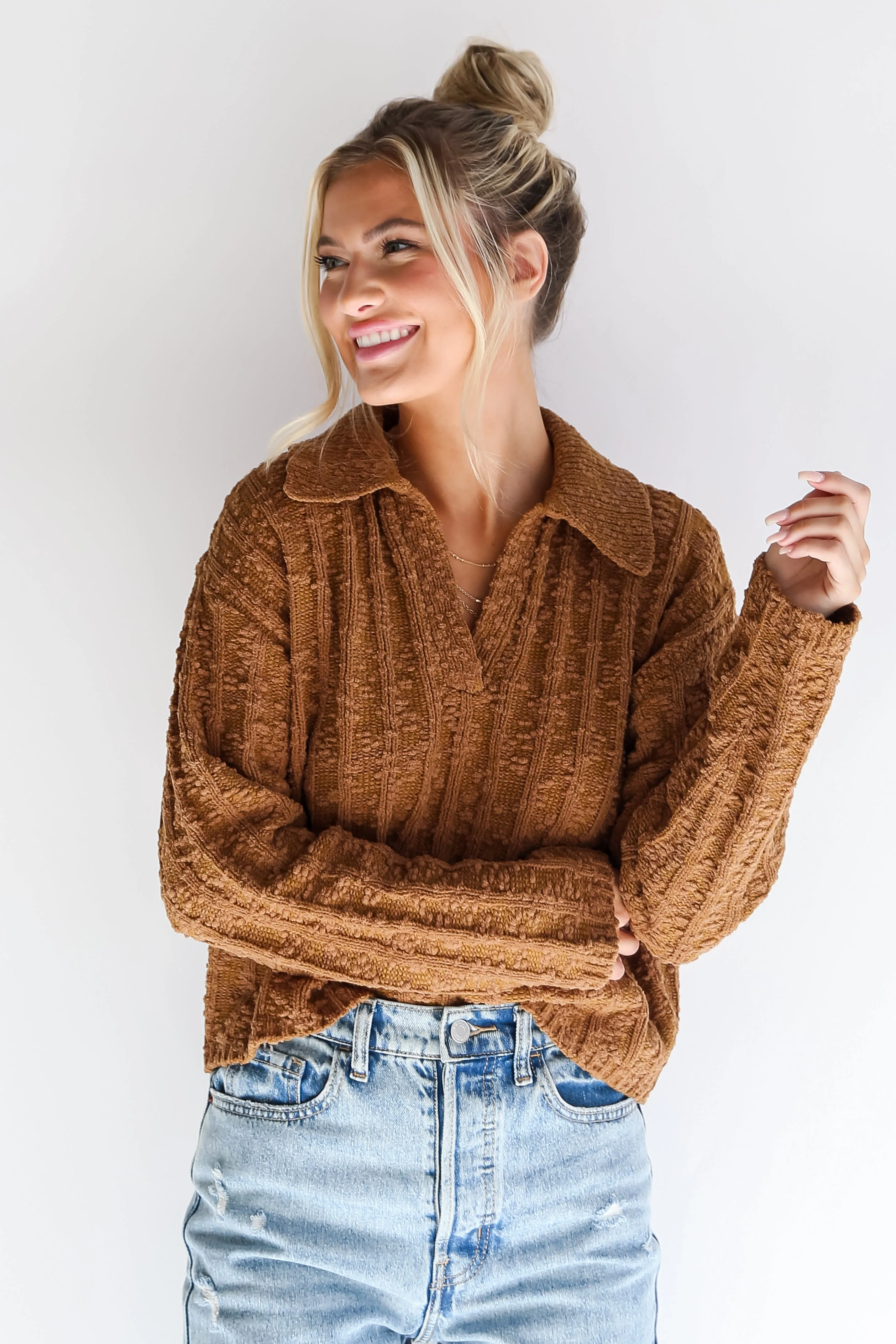 FINAL SALE - Cozy Addition Camel Collared Sweater