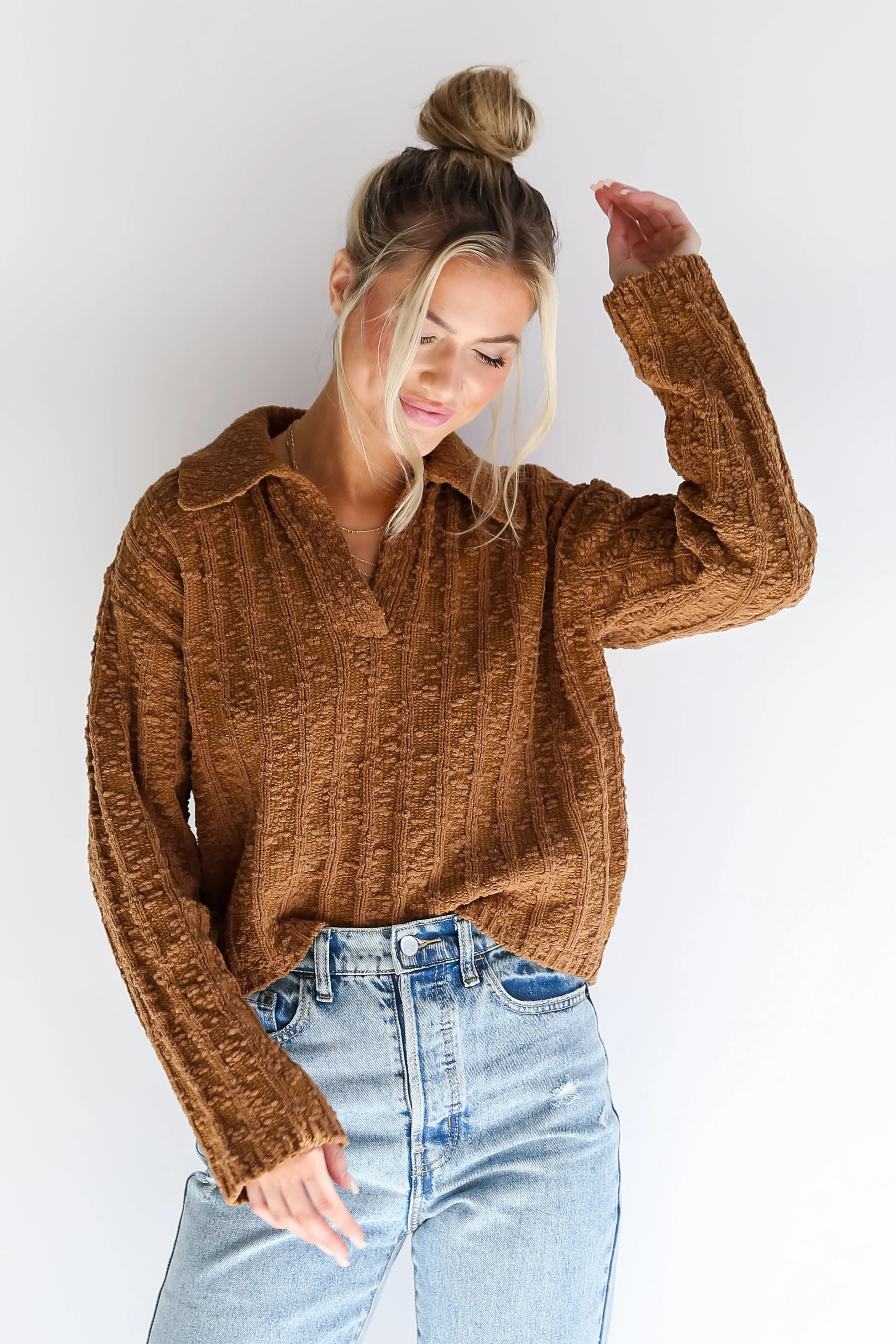 FINAL SALE - Cozy Addition Camel Collared Sweater