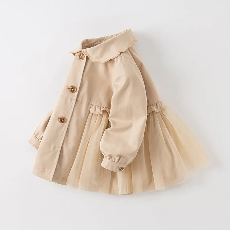 Floral Lining Contrast Mesh Girl Khaki Trench Coat