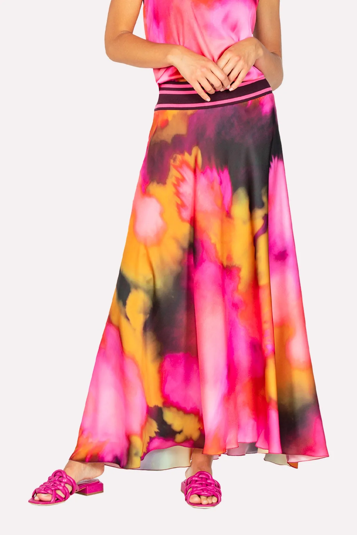 Floral Long Satin Skirt - Magenta