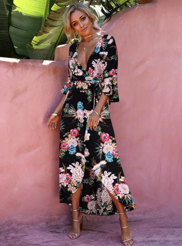 Floral Print Summer Maxi Dress Women Vintage V Neck