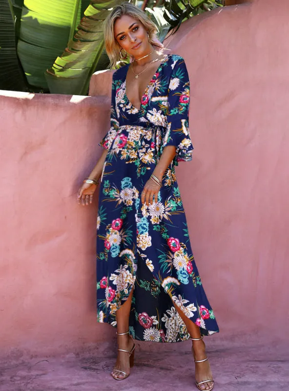 Floral Print Summer Maxi Dress Women Vintage V Neck