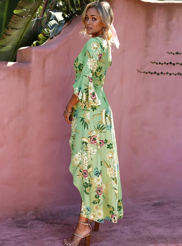 Floral Print Summer Maxi Dress Women Vintage V Neck