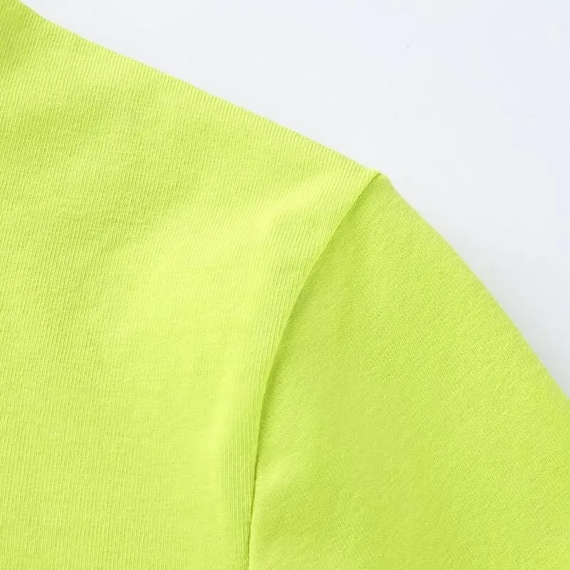 Fluorescence Green Sexy Crop Top Hollow Out Turtleneck Long Sleeve