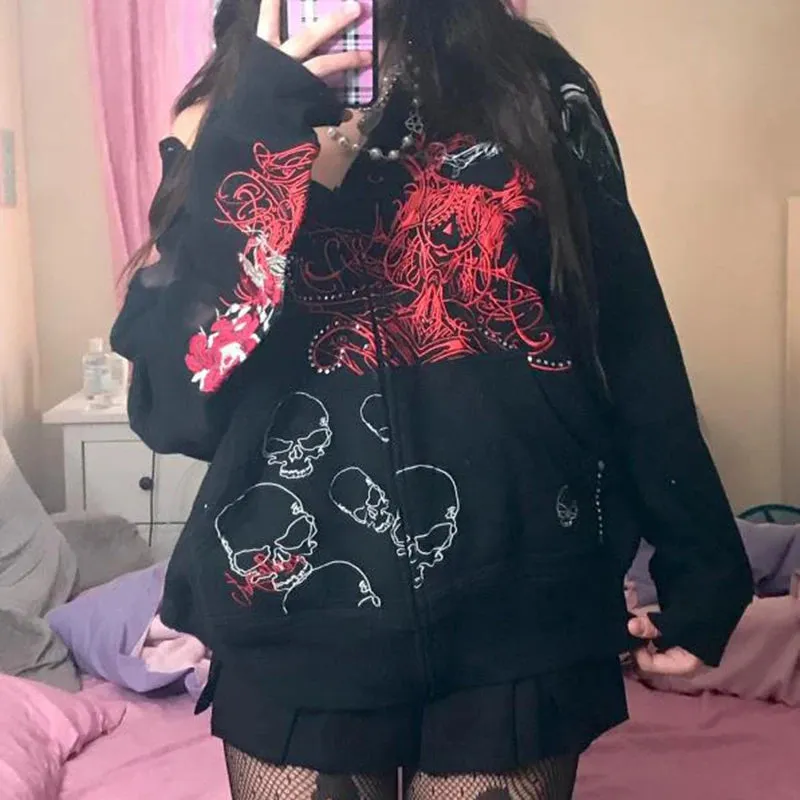 Flytonn-Fall Outfits Gothic Style  Outwear Streetwear y2k 90s Fashion Indie Grunge Graphic Print Zip Up Hoodie Y2K Vintage Clothes Harajuku Grunge Baggy Sweatshirt Korean Kawaii Goth Mall Emo Jacket