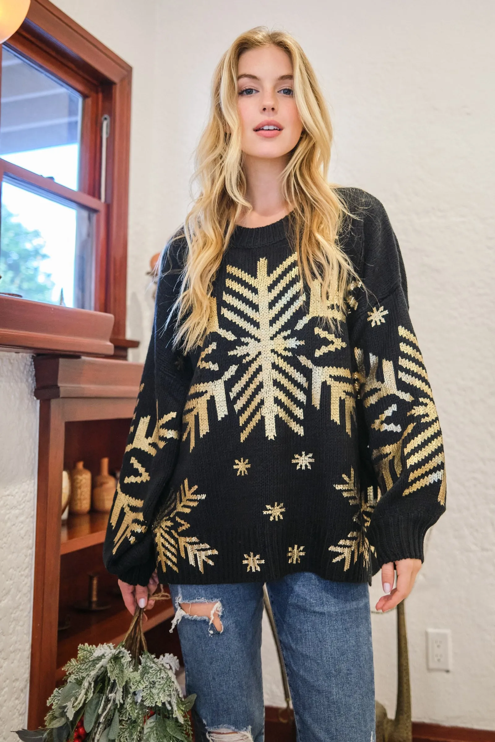 Foil Snowflake Round Neck Sweater