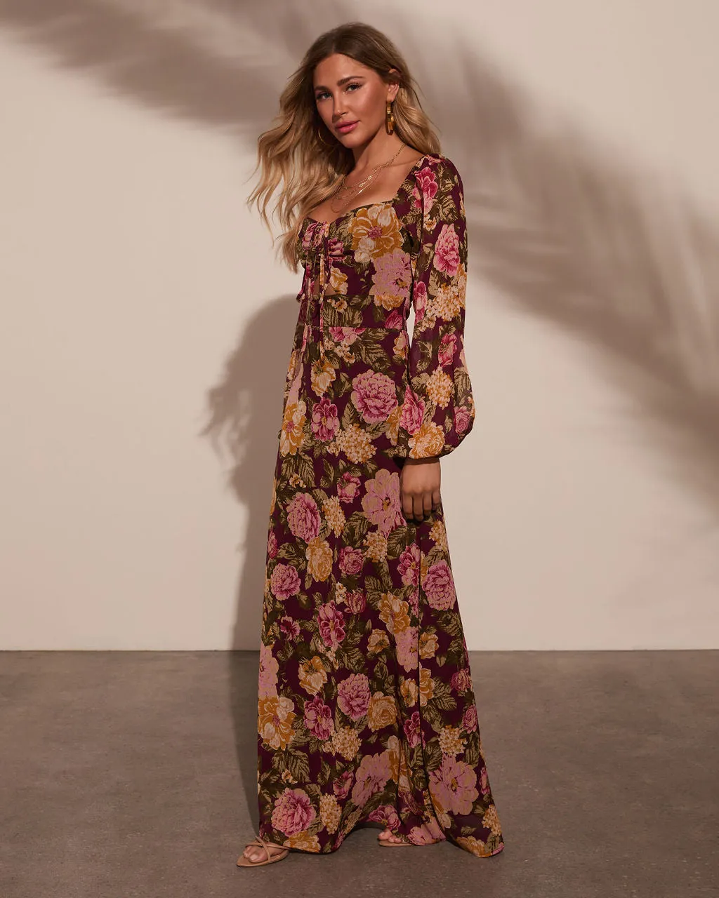 Fresh Harvest Floral Chiffon Cutout Maxi Dress