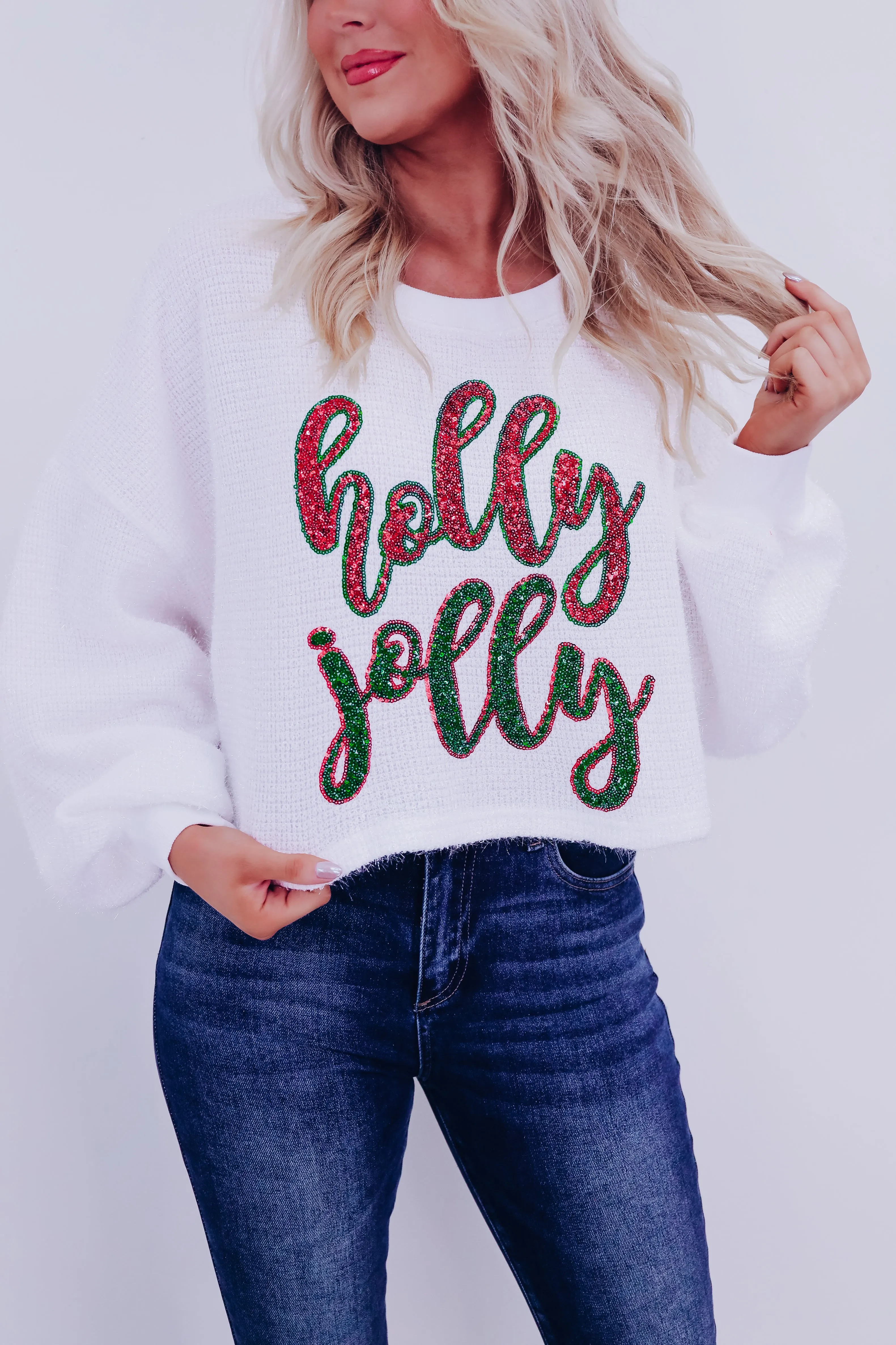 Fuzzy Tinsel Holly Jolly Cropped Sweater - White