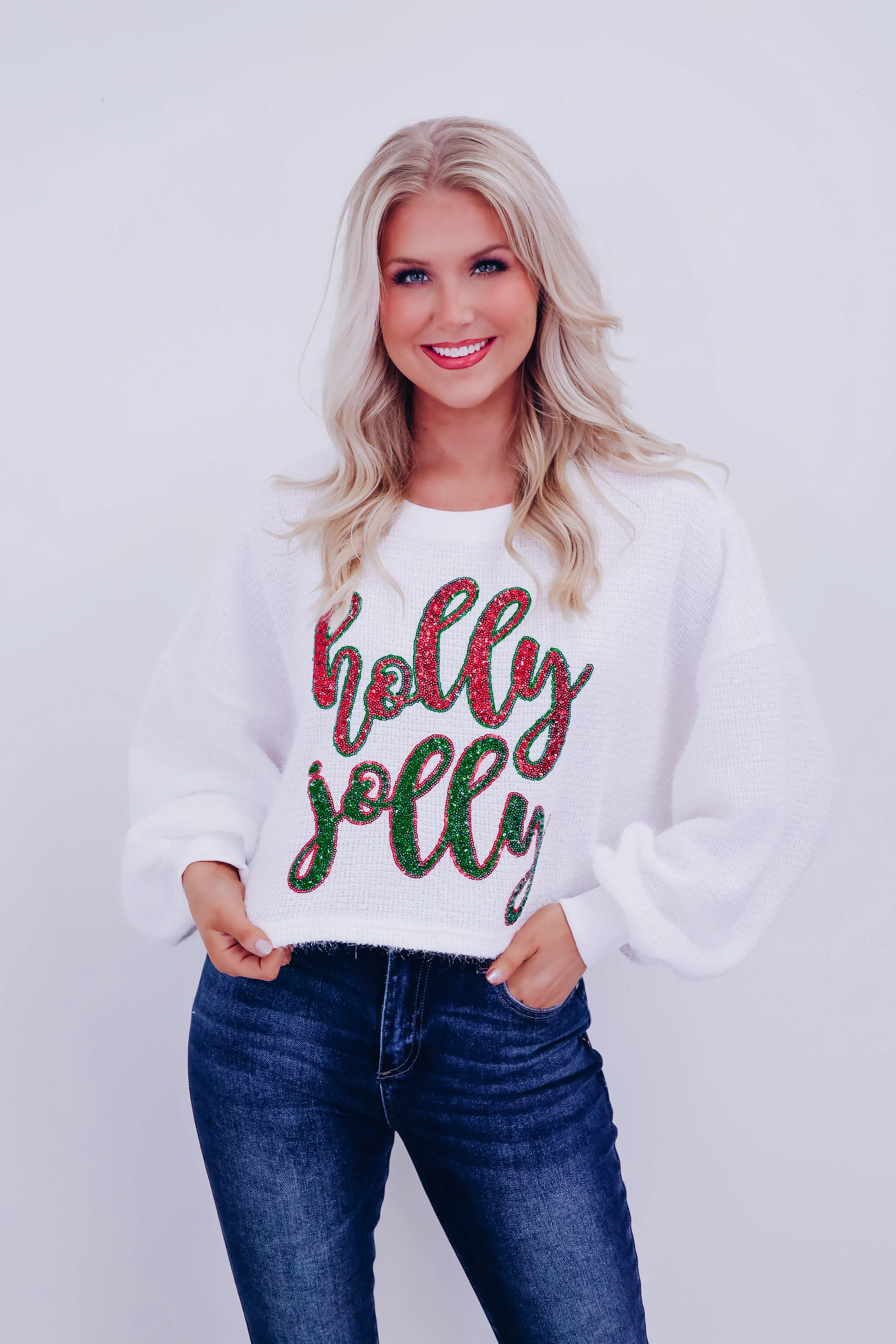 Fuzzy Tinsel Holly Jolly Cropped Sweater - White