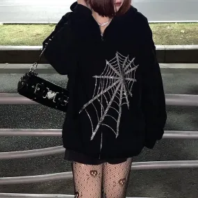 Gothic Punk Spider Web Dark Grunge Zipper Hoodie