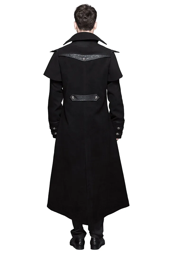 Gothic Zipper Long Trench Coat for Men / Steampunk Black Turndown Collar Coat