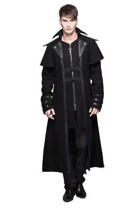 Gothic Zipper Long Trench Coat for Men / Steampunk Black Turndown Collar Coat