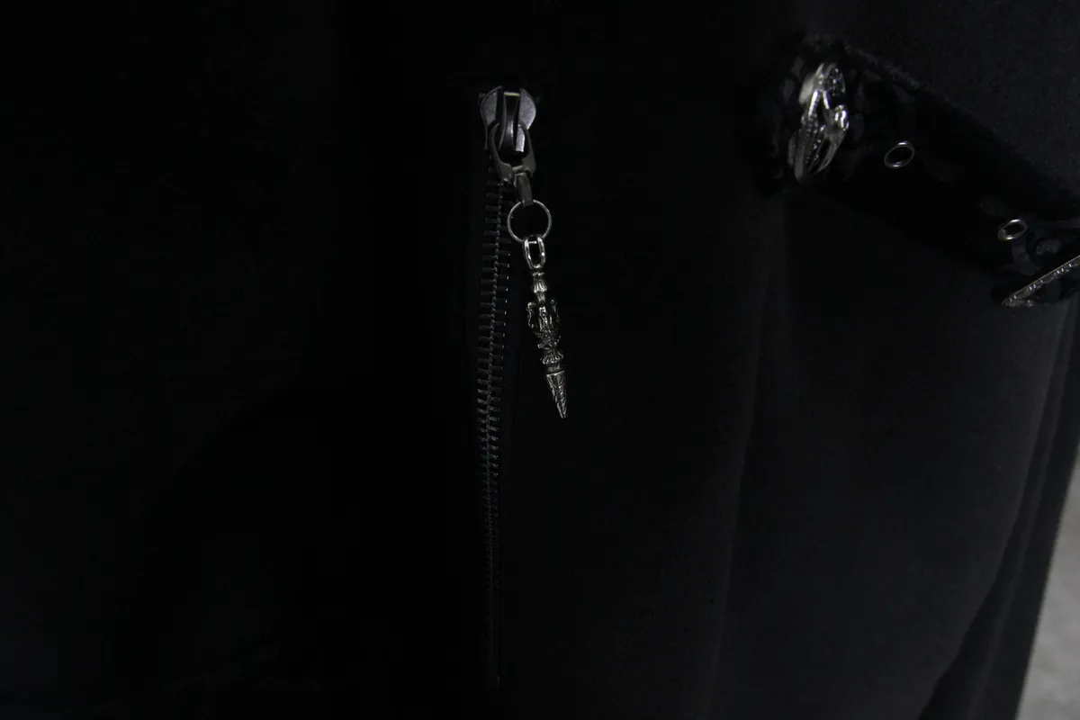 Gothic Zipper Long Trench Coat for Men / Steampunk Black Turndown Collar Coat