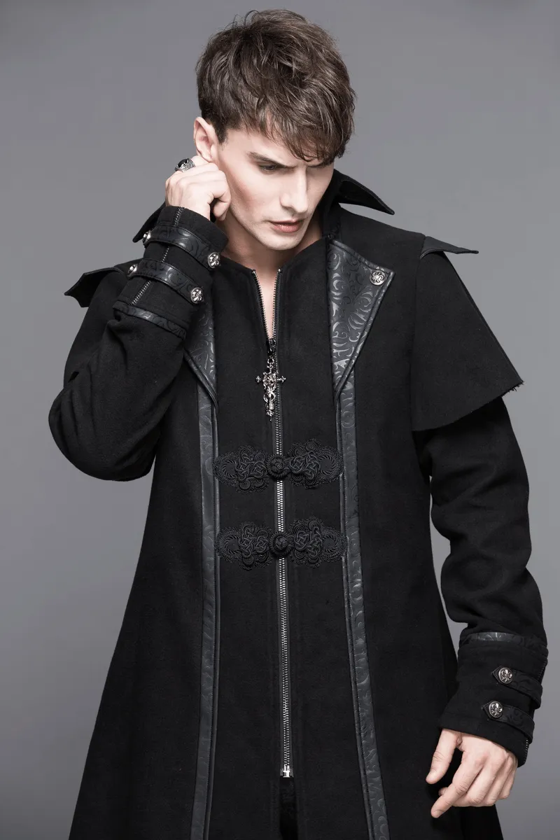 Gothic Zipper Long Trench Coat for Men / Steampunk Black Turndown Collar Coat