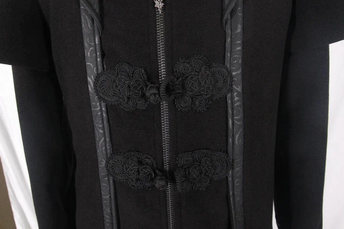 Gothic Zipper Long Trench Coat for Men / Steampunk Black Turndown Collar Coat