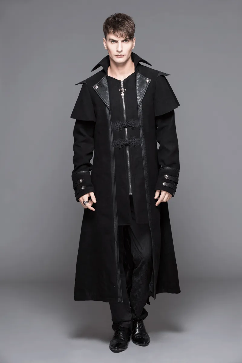 Gothic Zipper Long Trench Coat for Men / Steampunk Black Turndown Collar Coat