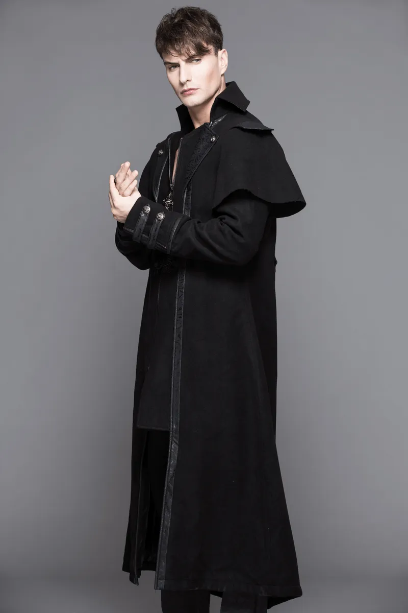 Gothic Zipper Long Trench Coat for Men / Steampunk Black Turndown Collar Coat