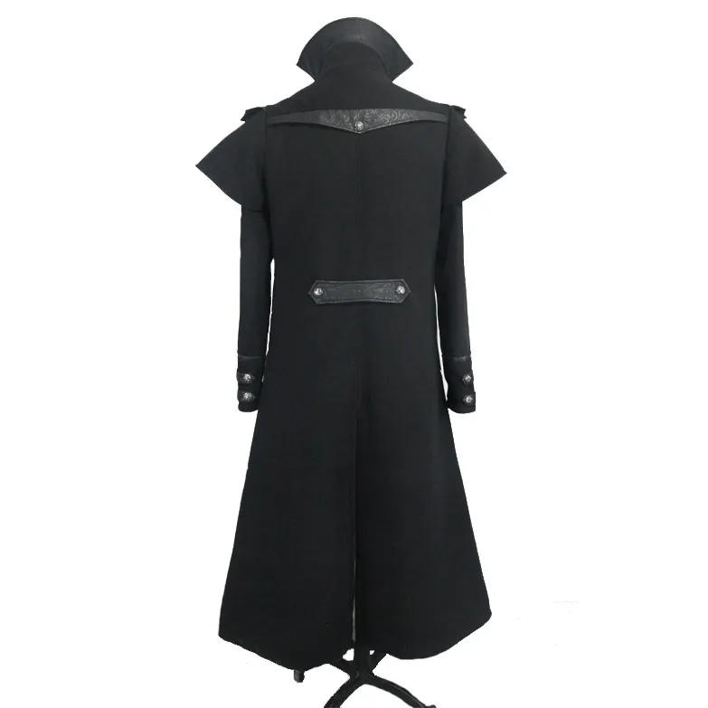 Gothic Zipper Long Trench Coat for Men / Steampunk Black Turndown Collar Coat