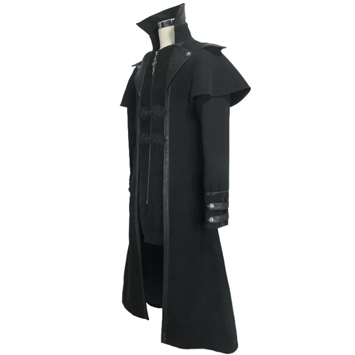 Gothic Zipper Long Trench Coat for Men / Steampunk Black Turndown Collar Coat