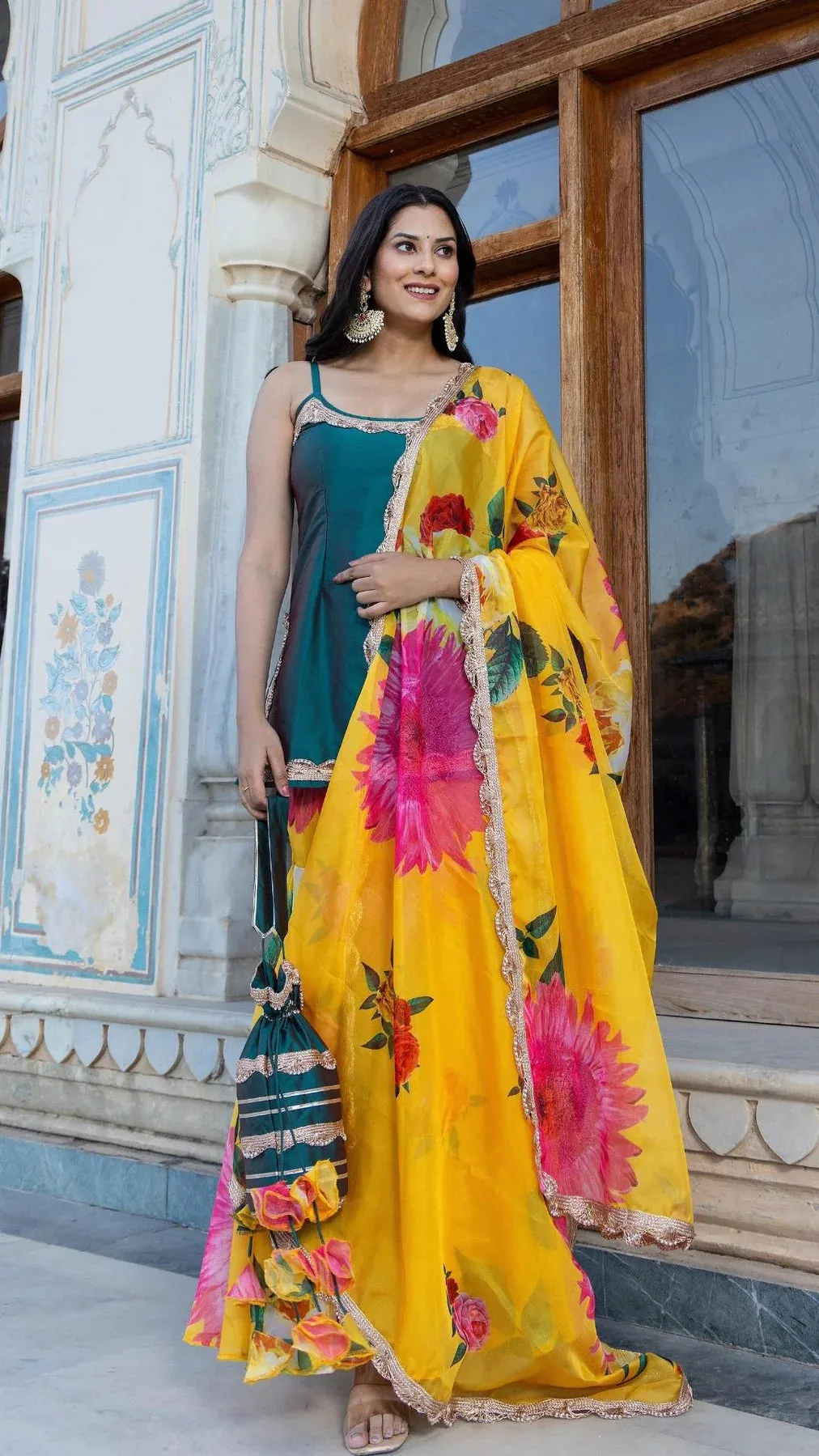 Green & Yellow Printed & Lace Detailing Taffeta Kurta with Organza Sharara & Dupatta